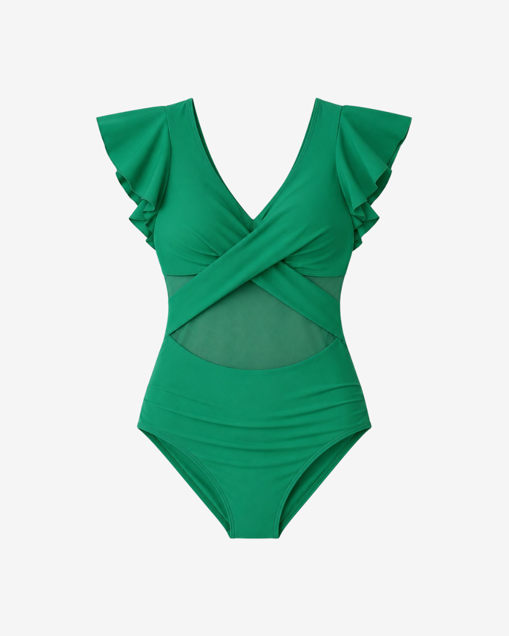 Product shot of the sculpting crisscross bodice detailing on the Emerald Allure Ruffled One-Piece Swimsuit.