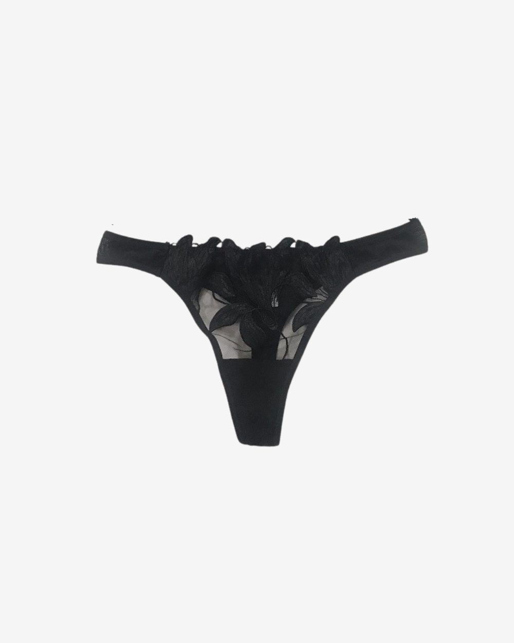 Close-up of floral embroidery and sheer mesh detailing on the Exotique Black Hipster Thong.