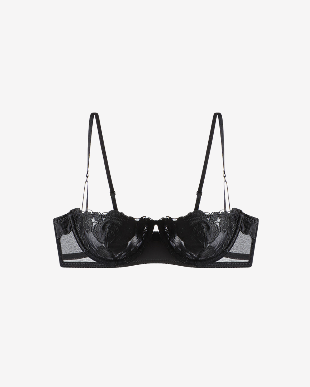 Intyra Black Rose Half Moon Balconette Bra featuring black floral embroidery and sheer mesh detailing against a clean white background.