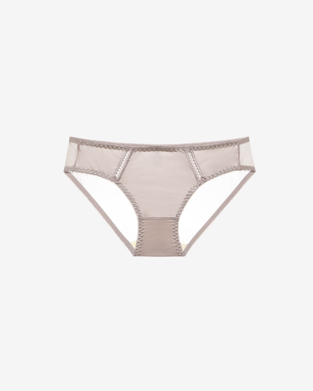 Mocha Embrace Bikini Brief featuring sheer mesh panels and soft mocha-toned detailing on a white background.