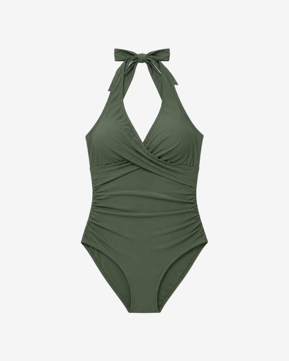 Olive Grace Halter One-Piece swimsuit in an elegant olive green hue featuring a sculpting wrap-front silhouette.