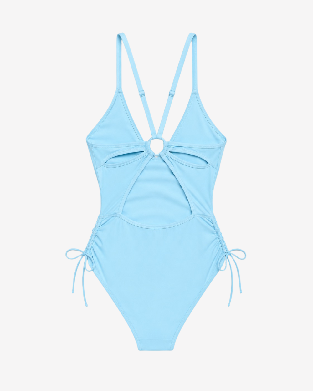 Back view of the Skyline Tranquility One-Piece Swimsuit featuring an elegant open-back design with ring detailing and adjustable straps on white plain background