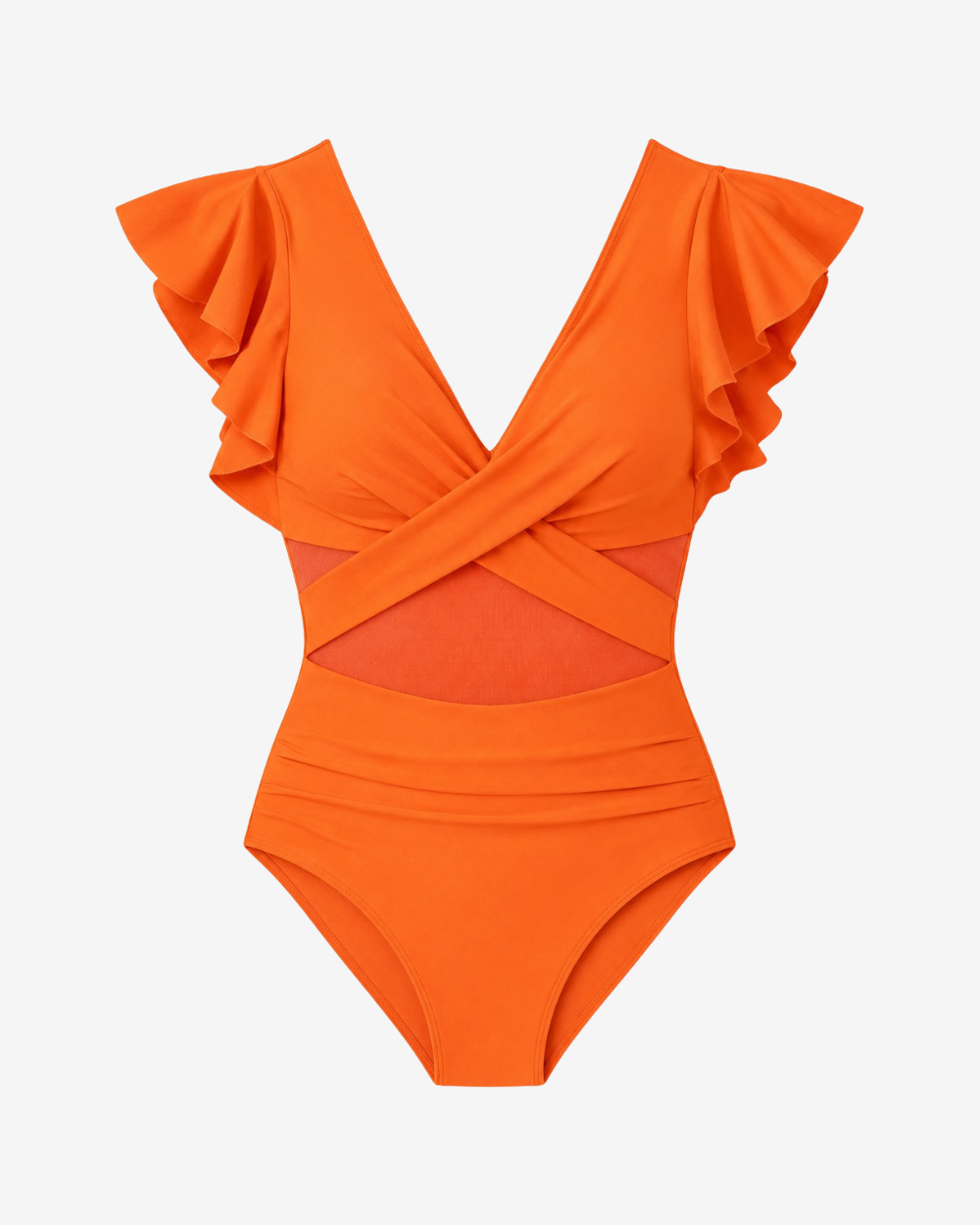 Sunset Glow One-Piece swimsuit in vibrant orange featuring flutter sleeves and a sculpting wrap-front silhouette on a white background.