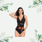 Luxury black floral one-piece swimsuit with mesh detailing, deep V-neckline, and orange floral accents, sizes S-2XL