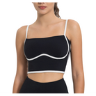 Black padded bra top with white contrast piping, square neckline, ultra-soft non-wired design, full lining, and adjustable straps for a chic and versatile look.