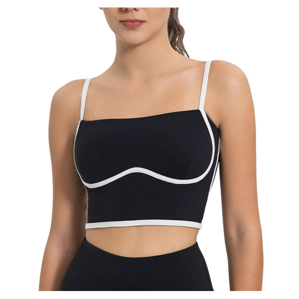 Black padded bra top with white contrast piping, square neckline, ultra-soft non-wired design, full lining, and adjustable straps for a chic and versatile look.