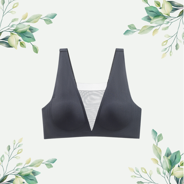 Intyra's black seamless bra top with a deep V-neck, designed for versatility and comfort.