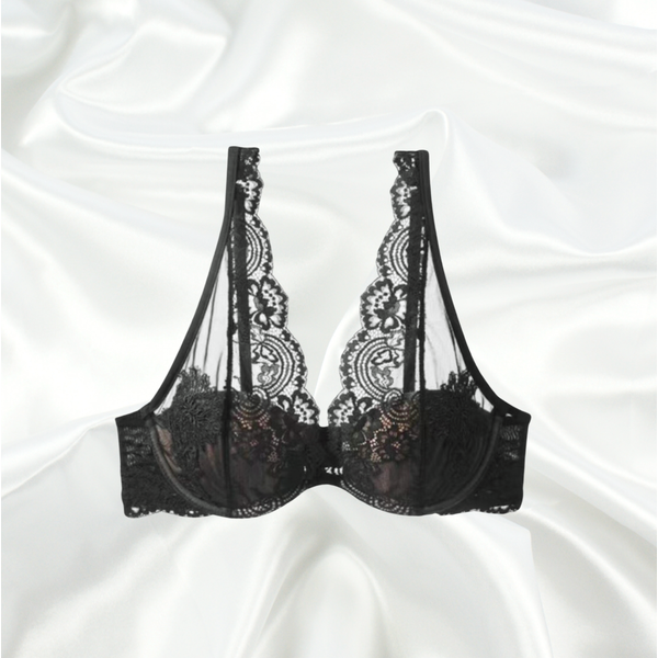 Black lace high-neck bra top with intricate floral embroidery and underwired cups by Intyra