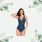 Elegant navy blue one-piece swimsuit featuring mesh accents, a flattering deep V-neckline, available in sizes S-2XL