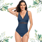 Elegant navy blue one-piece swimsuit featuring mesh accents, a flattering deep V-neckline, available in sizes S-2XL