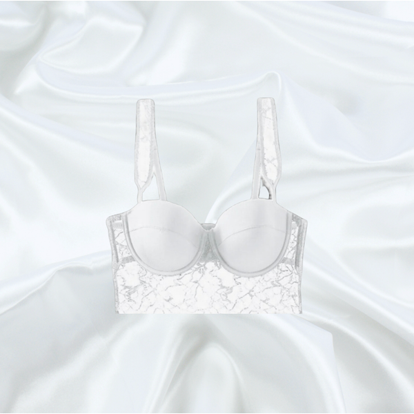 White bralette with intricate lace detailing, perfect for bridal lingerie or elegant everyday wear