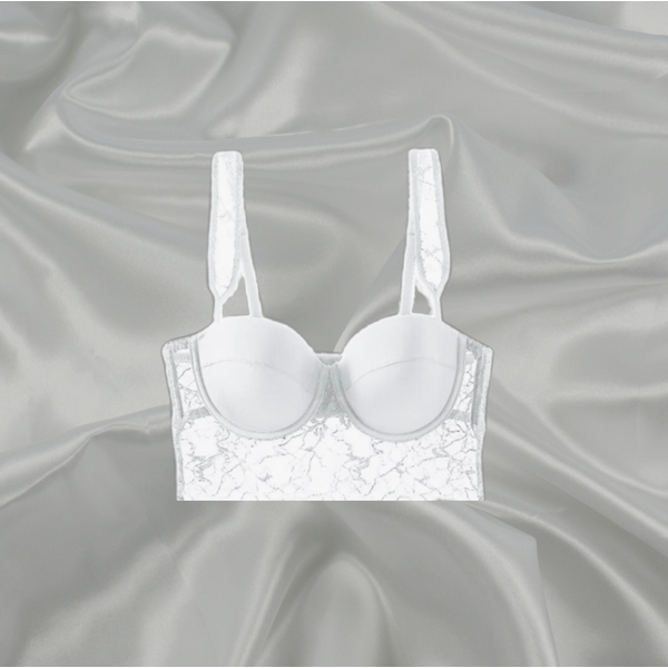 White bralette with intricate lace detailing, perfect for bridal lingerie or elegant everyday wear