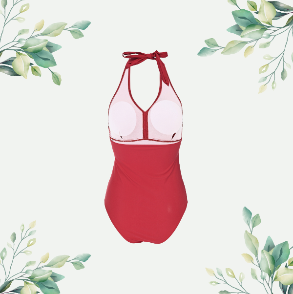 Elegant red halter neck one-piece swimsuit with ruched detailing and crossover front design, offering a flattering silhouette.