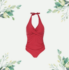 Elegant red halter neck one-piece swimsuit with ruched detailing and crossover front design, offering a flattering silhouette. Perfect for beachwear, available in sizes S-2XL, with free shipping