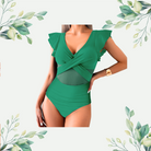 Elegant green one-piece swimsuit with ruffled flutter sleeves, crisscross front detail, and high-waisted design, perfect for beach or poolside wear.