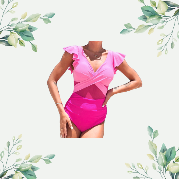 Stylish pink one-piece swimsuit with ruffled flutter sleeves, crisscross bodice, mesh details, and high-waisted design for a feminine and flattering swimwear choice.