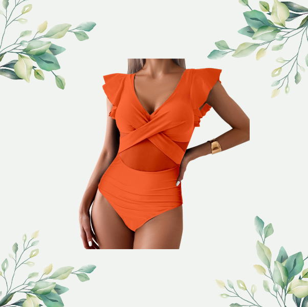 Vibrant orange one-piece swimsuit with ruffled flutter sleeves, wrap-front design, mesh midsection detail, and a flattering ruched waistline, perfect for a stylish and confident look.