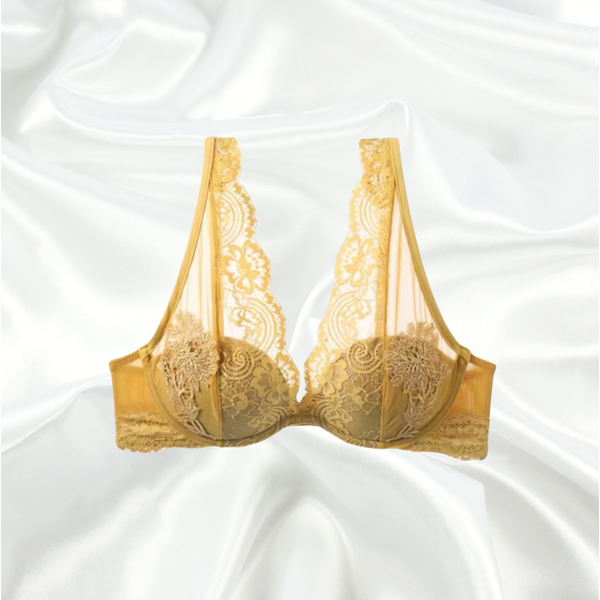 Golden Hour Sunset Yellow Lace Bra Top with floral lace, deep neckline, and versatile styling for bold and luxurious wear.