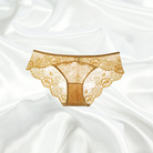 Golden Hour Sunset Yellow Lace Panty with intricate floral lace, scalloped edges, and sheer back detailing for luxurious wear