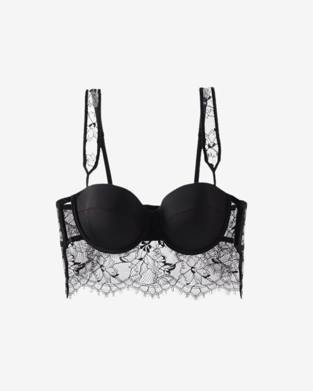 Product Shot of Intyra Noir Desire Longline Bra Top in black featuring sculpted satin cups and elegant lace detailing on a white background.