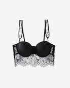 Product Shot of Intyra Noir Desire Longline Bra Top in black featuring sculpted satin cups and elegant lace detailing on a white background.
