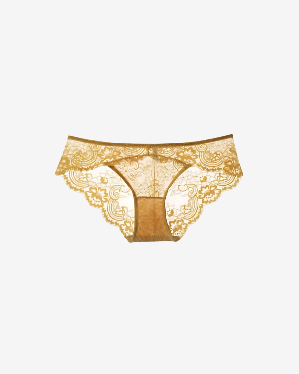 Intyra Golden Veil Lace Brazilian Brief in golden saffron featuring delicate floral lace and elegant sheer detailing on a white background.