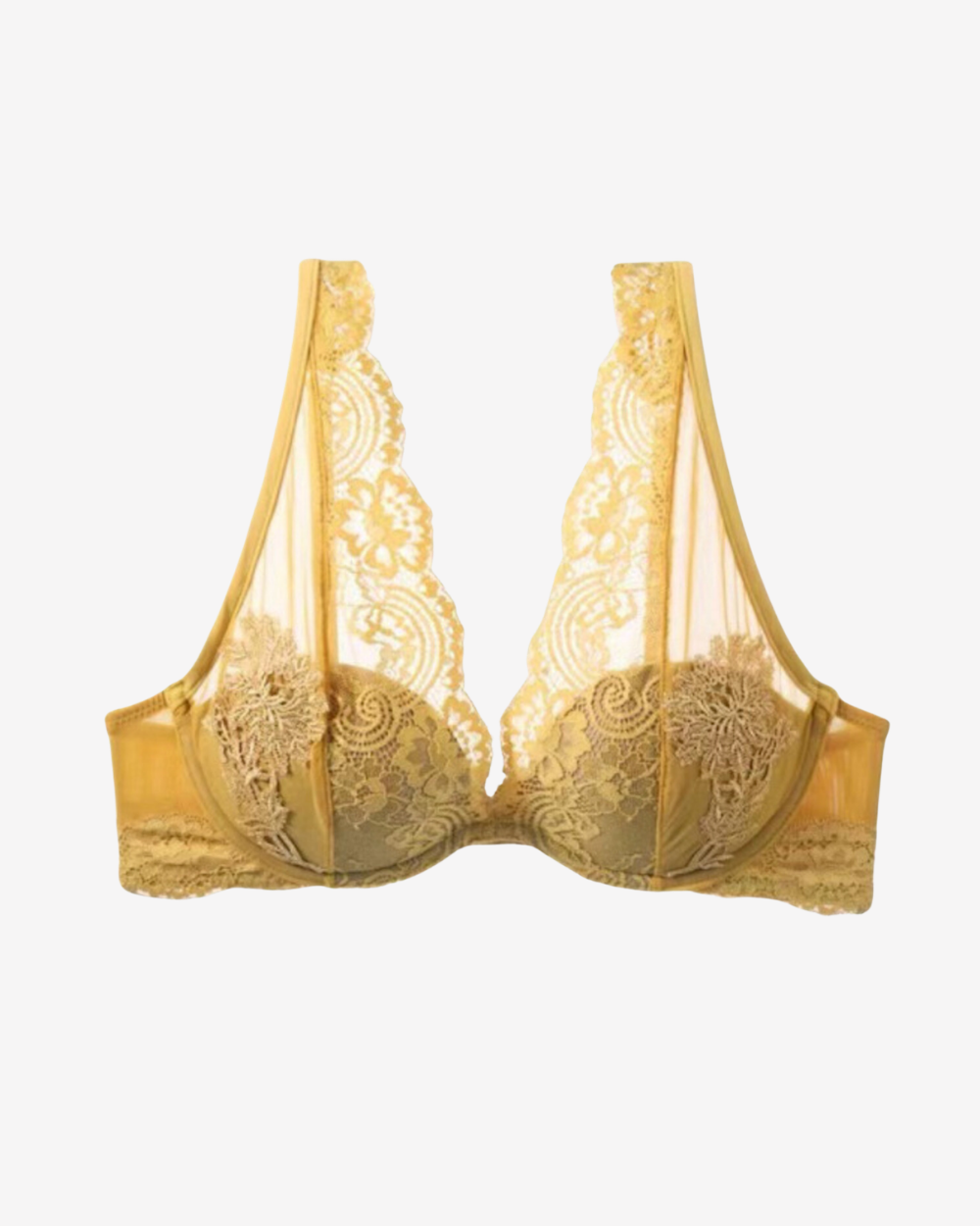 Intyra Golden Veil Lace Bralette in golden saffron featuring floral lace embroidery and elegant sheer mesh detailing on a white background.