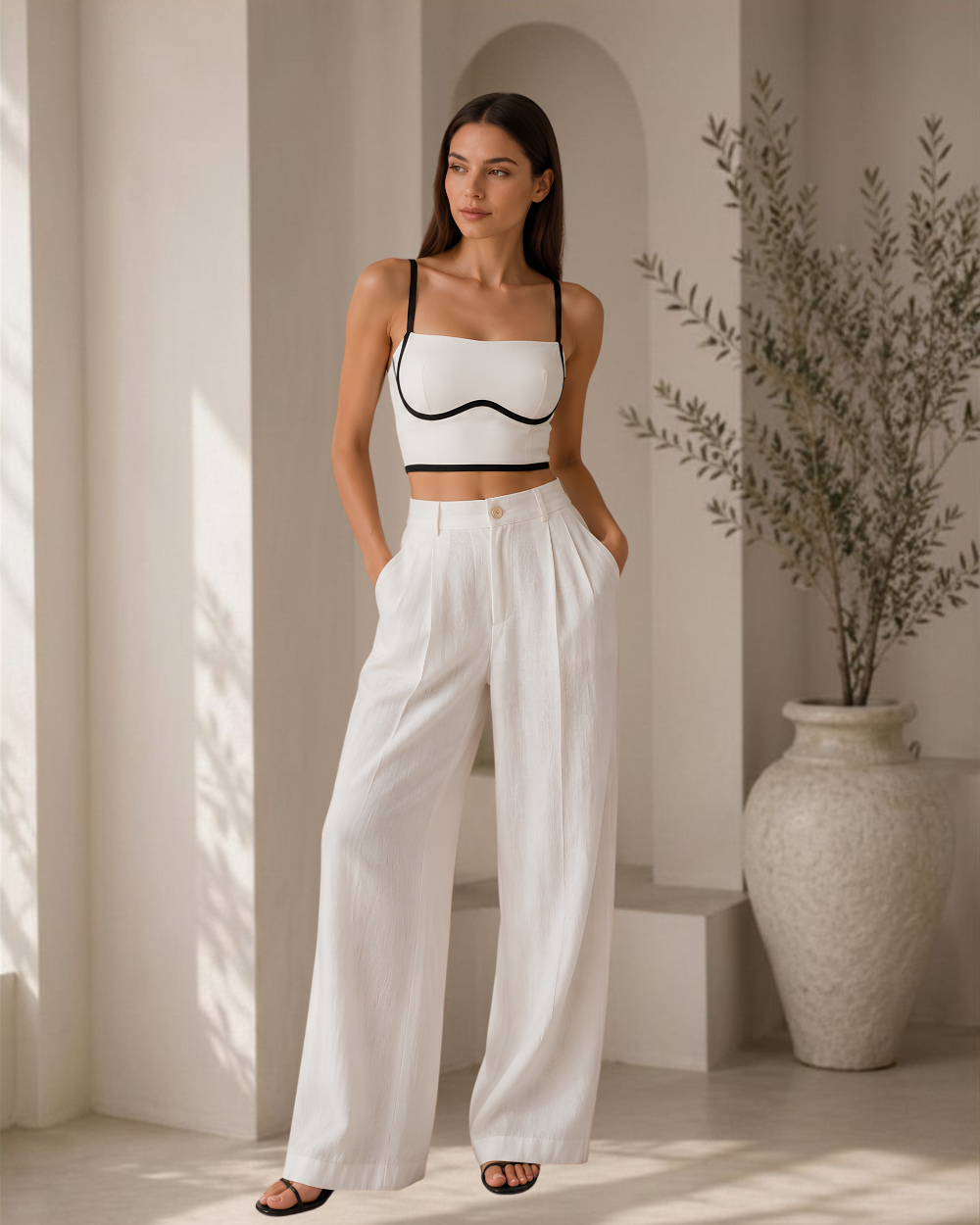 Full body view of model wearing the Intyra Ivory Contour Corset Top styled with elegant white pants for a contemporary luxury fashion look.