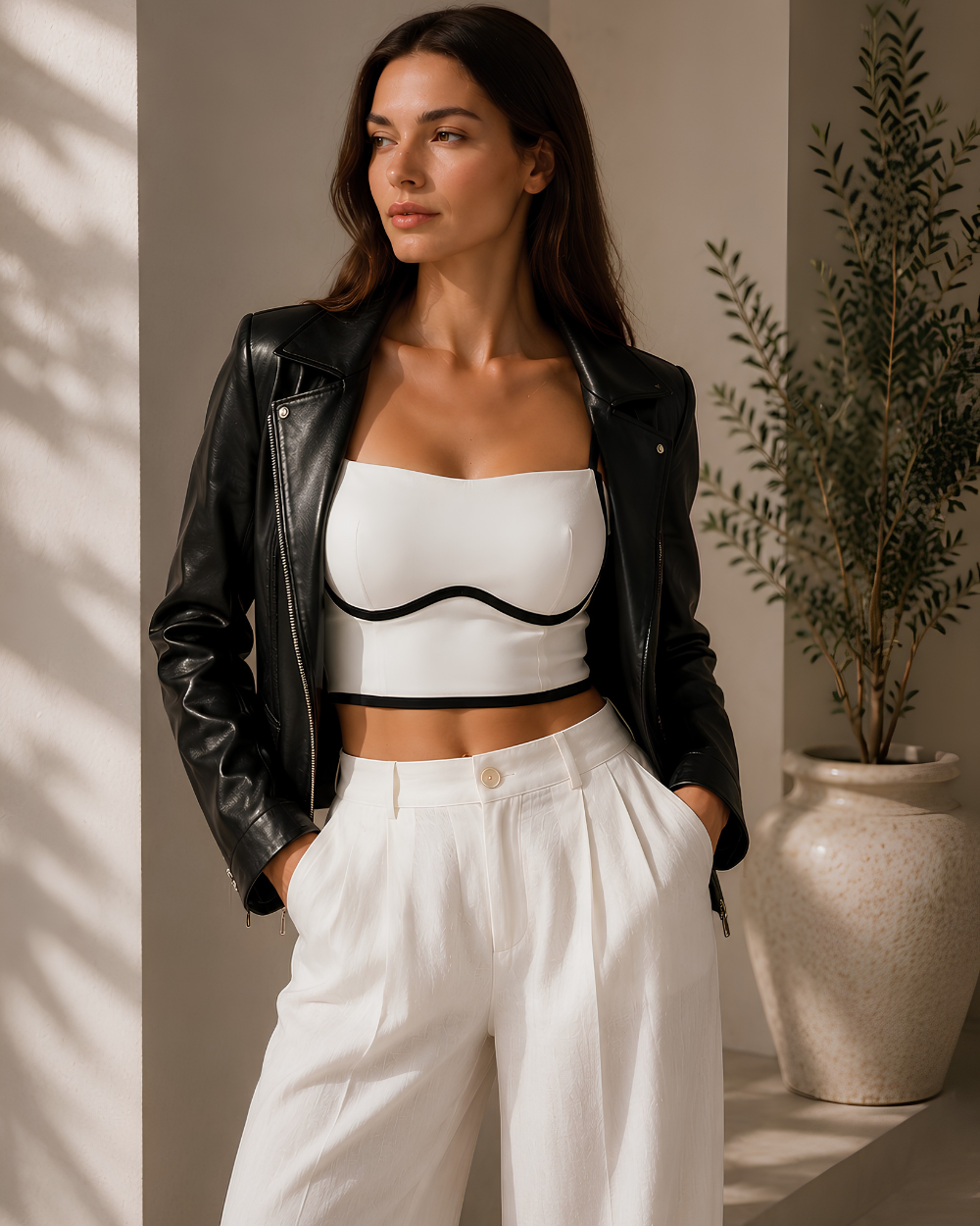 Model wearing the Intyra Ivory Contour Corset Top layered with a black leather jacket for a bold contemporary evening look.