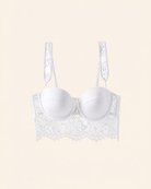 Product Shot of the Intyra Ivory Whisper Longline Bra Top in ivory featuring sculpted satin cups and elegant floral lace detailing.