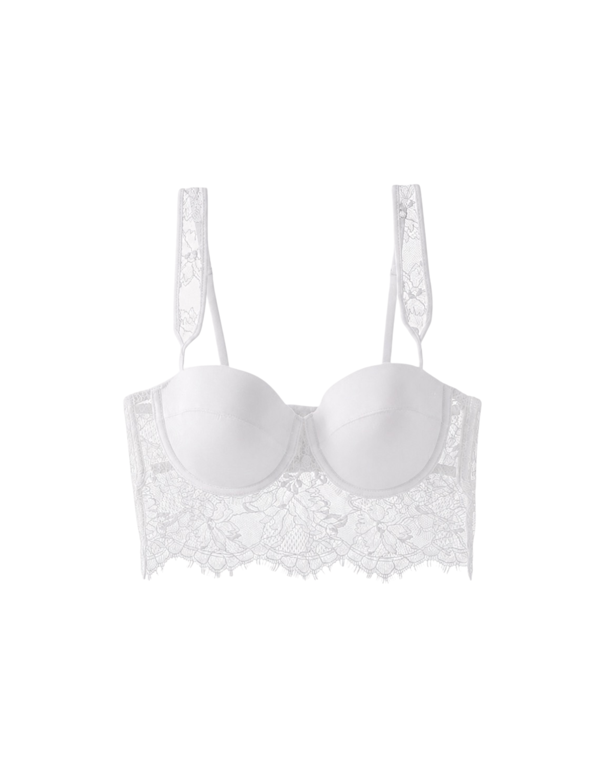 Product Shot of the Intyra Ivory Whisper Longline Bra Top in ivory featuring sculpted satin cups and elegant floral lace detailing on white background.