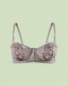 Luxury Intyra Mocha Embrace Lace Bandeau featuring floral lace embroidery and soft mocha tones displayed against an elegant background.
