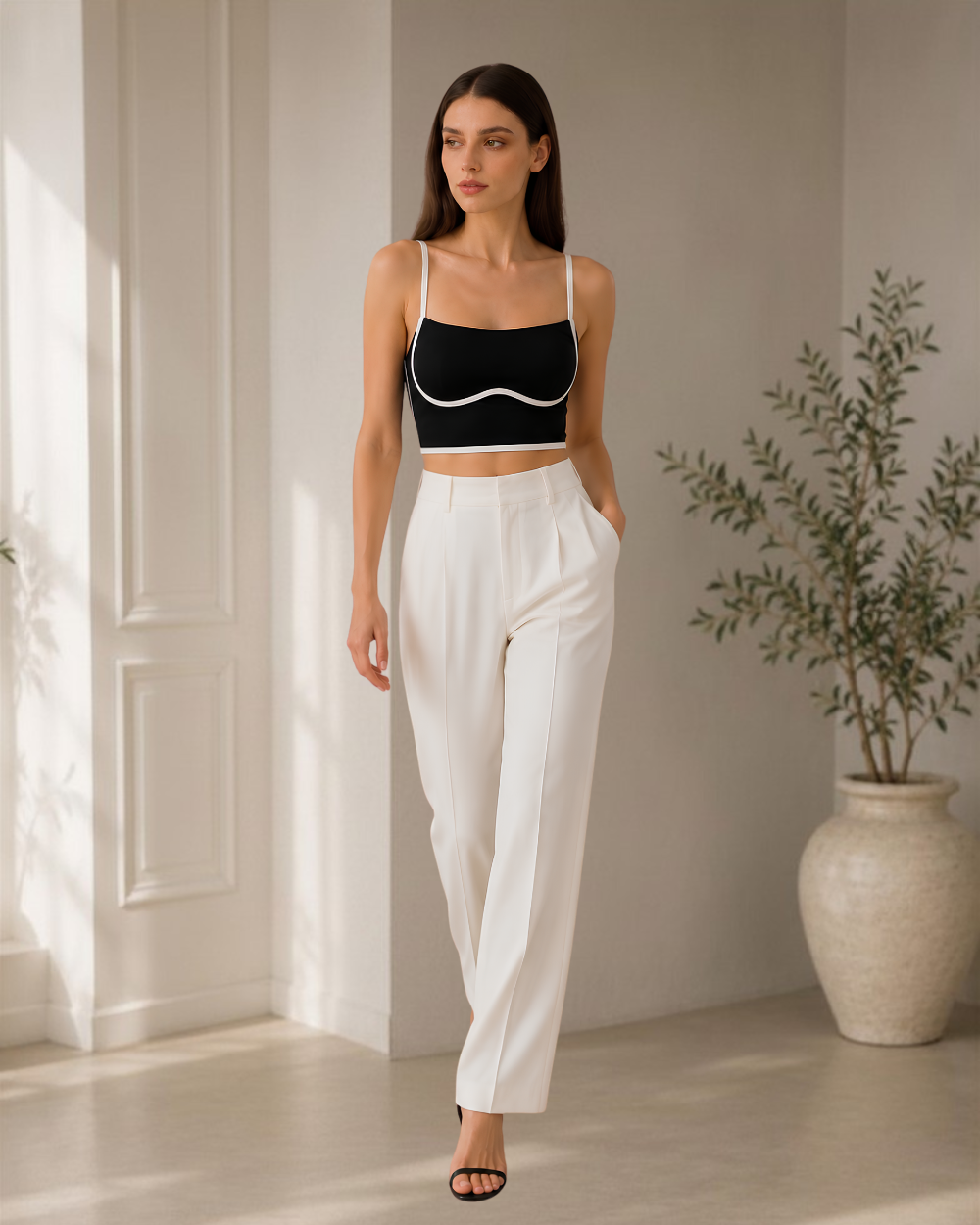 Full front view of model wearing the Intyra Monochrome Muse Corset Top with tailored pants.
