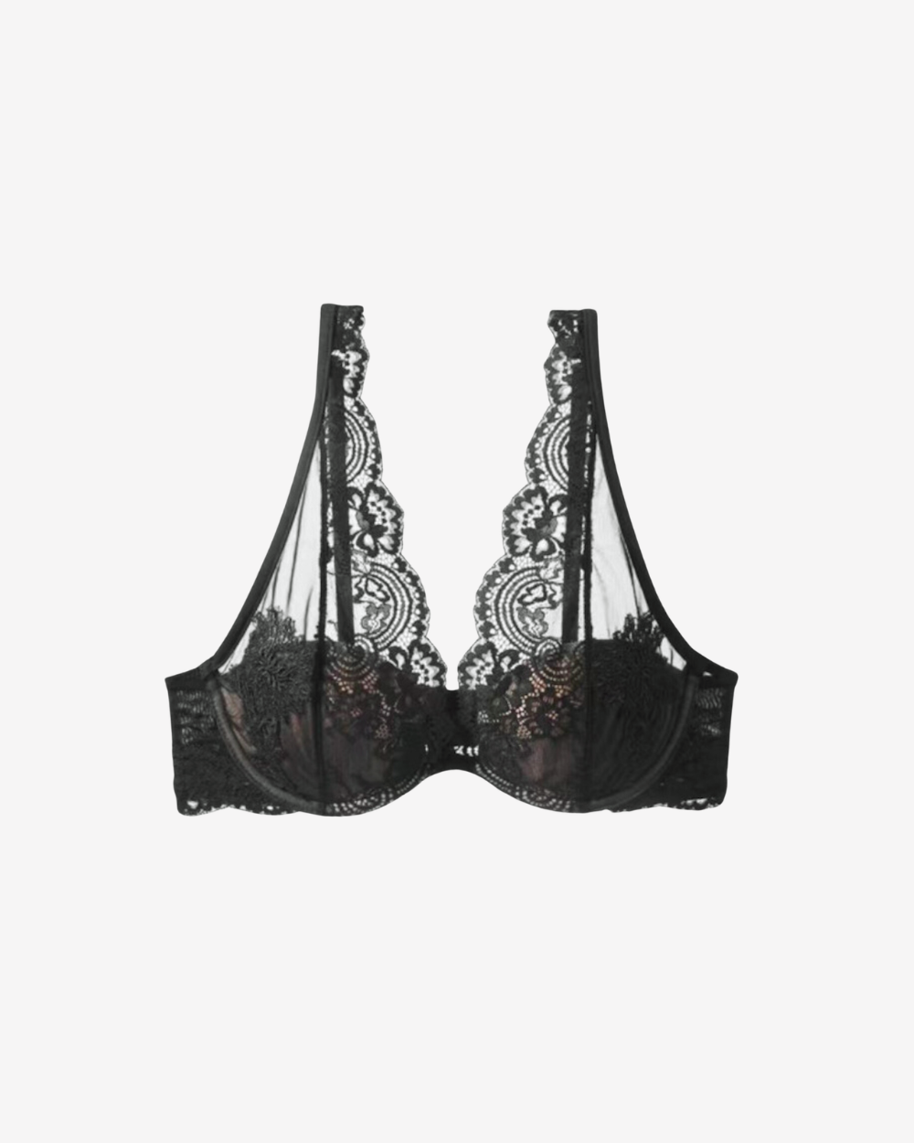 Intyra Noir Veil Lace Bralette in black featuring floral lace embroidery and sheer mesh cups on a white background.