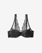 Intyra Noir Veil Lace Bralette in black featuring floral lace embroidery and sheer mesh cups on a white background.