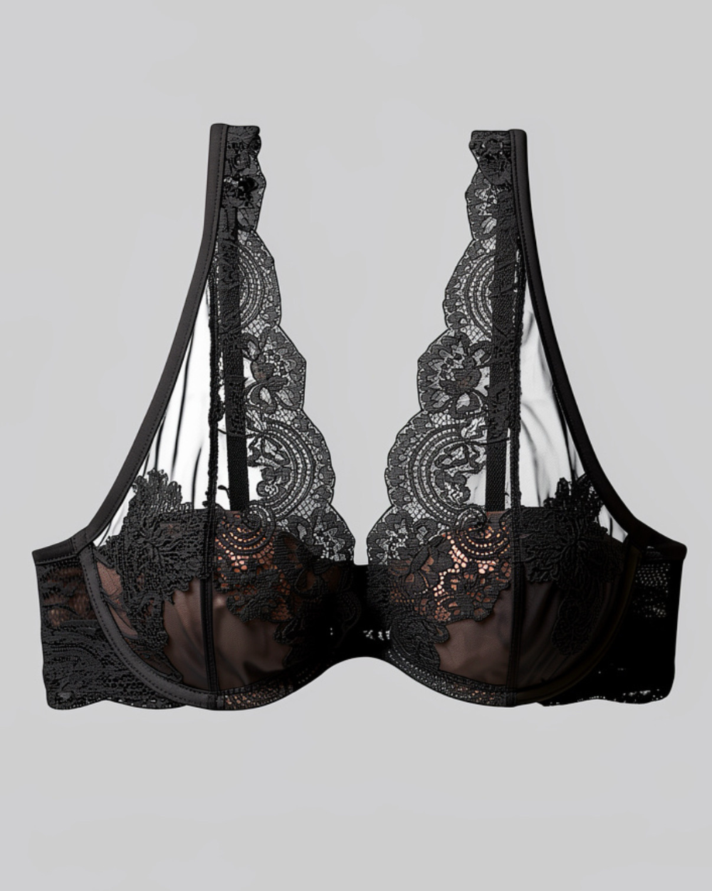Close-up of intricate floral lace embroidery and sheer mesh detailing on the Intyra Noir Veil Lace Bralette.