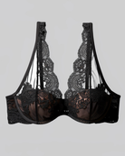 Close-up of intricate floral lace embroidery and sheer mesh detailing on the Intyra Noir Veil Lace Bralette.