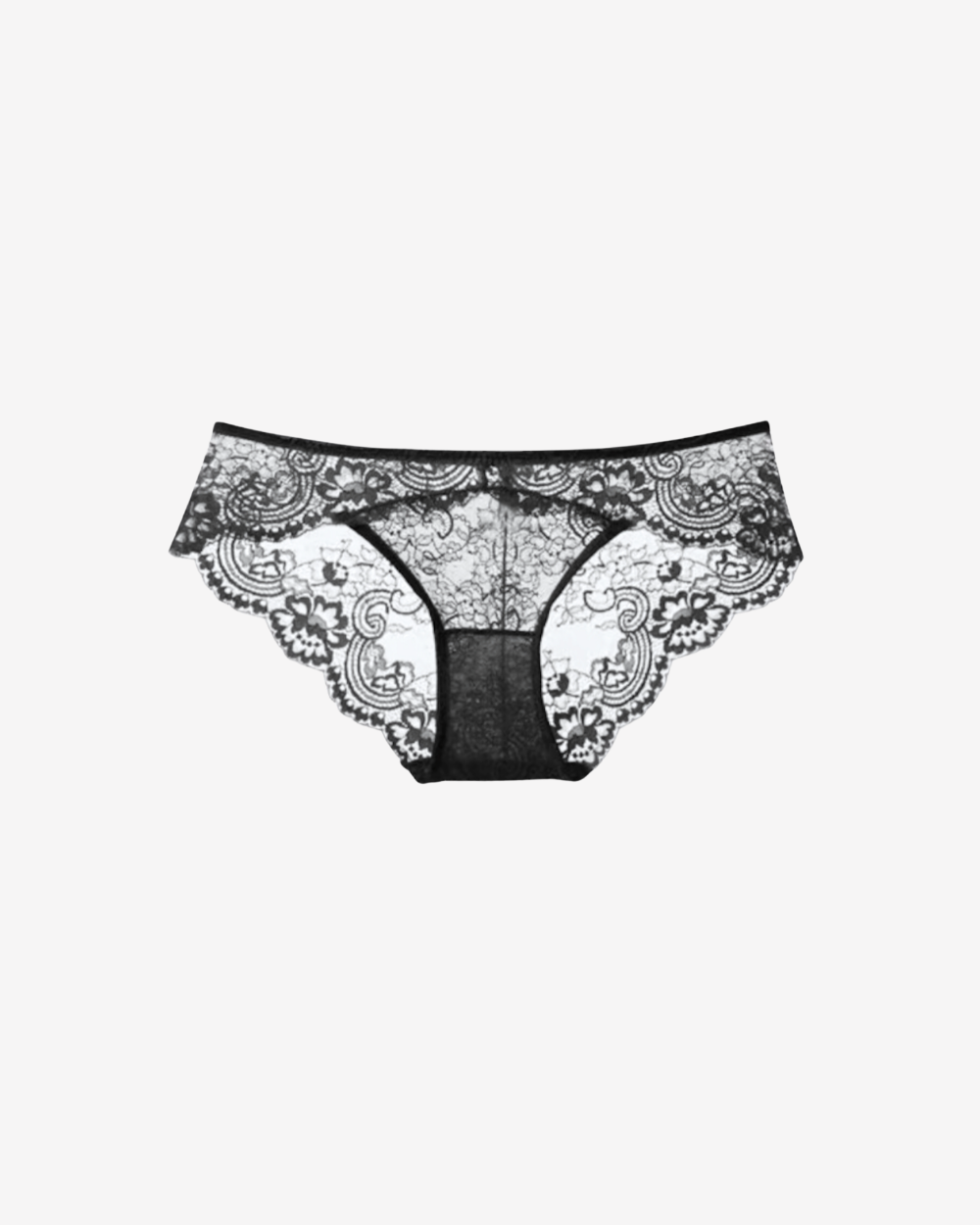 Intyra Noir Veil Lace Brazilian Brief in black featuring intricate floral lace detailing and elegant scalloped edges on a white background.