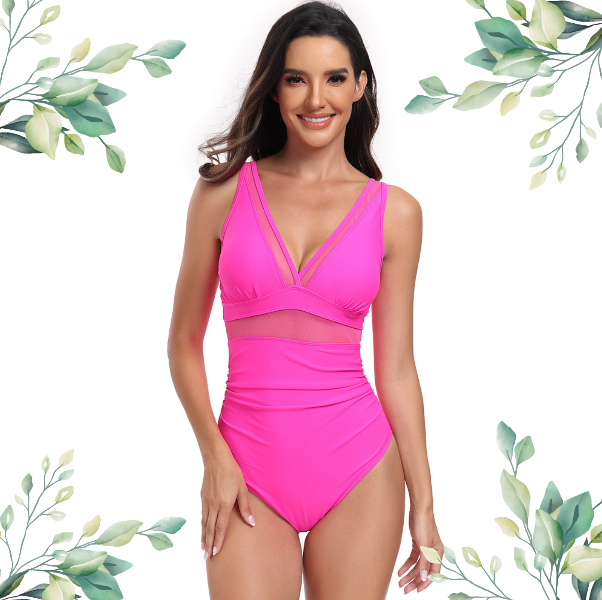 Luxury Pink high-end swimsuit with mesh detailing, Sizes S-2XL