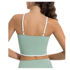 Mint green padded bra top with contrast piping, square neckline, ultra-soft non-wired design, full lining, and adjustable straps for stylish and versatile wear.