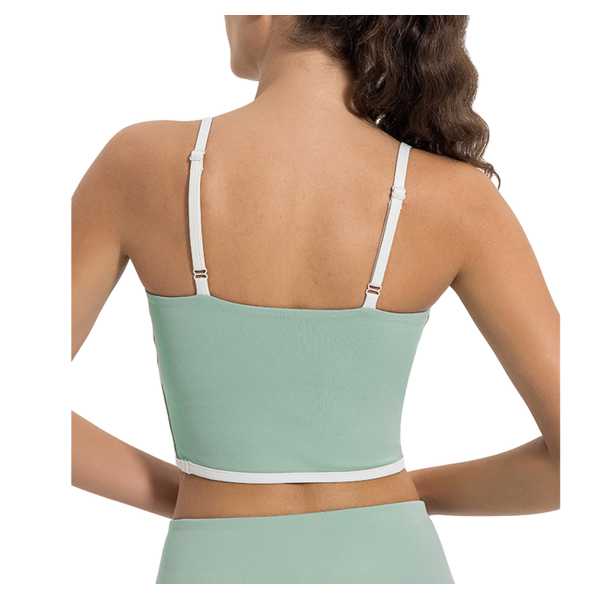 Mint green padded bra top with contrast piping, square neckline, ultra-soft non-wired design, full lining, and adjustable straps for stylish and versatile wear.