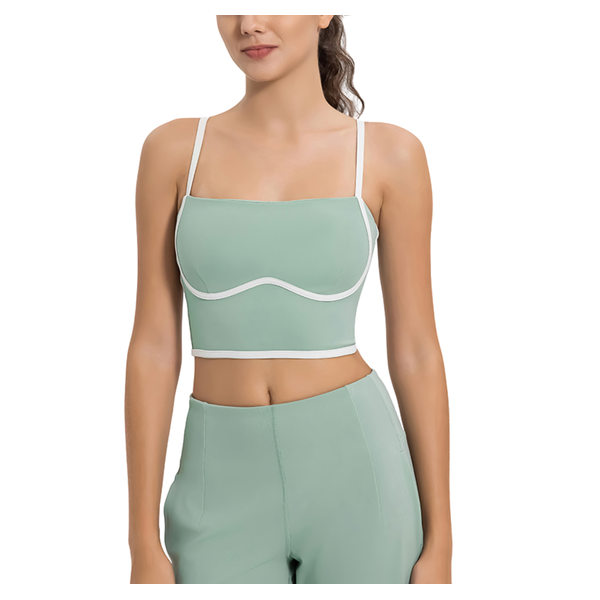 Mint green padded bra top with contrast piping, square neckline, ultra-soft non-wired design, full lining, and adjustable straps for stylish and versatile wear.