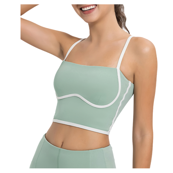 Mint green padded bra top with contrast piping, square neckline, ultra-soft non-wired design, full lining, and adjustable straps for stylish and versatile wear.