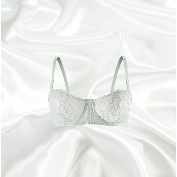 Mint lace underwired bra with delicate floral embroidery and adjustable straps by Intyra