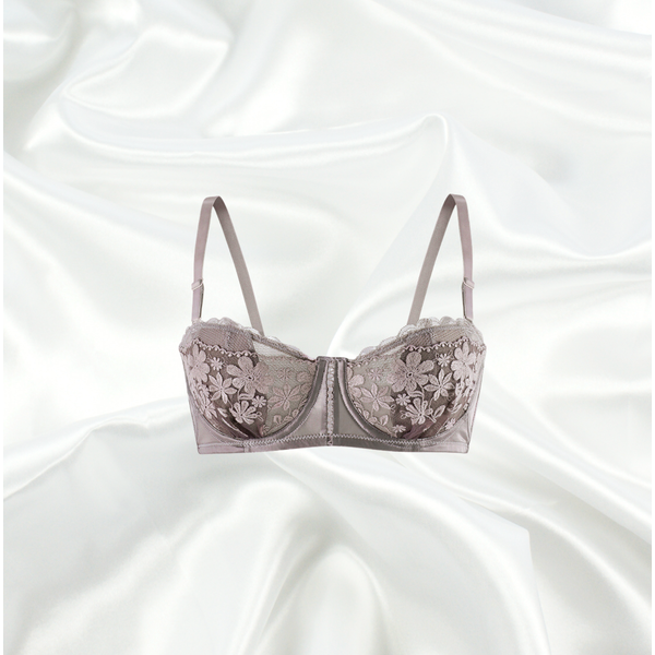 Mocha coffee lace underwired bra with floral embroidery and adjustable straps by Intyra