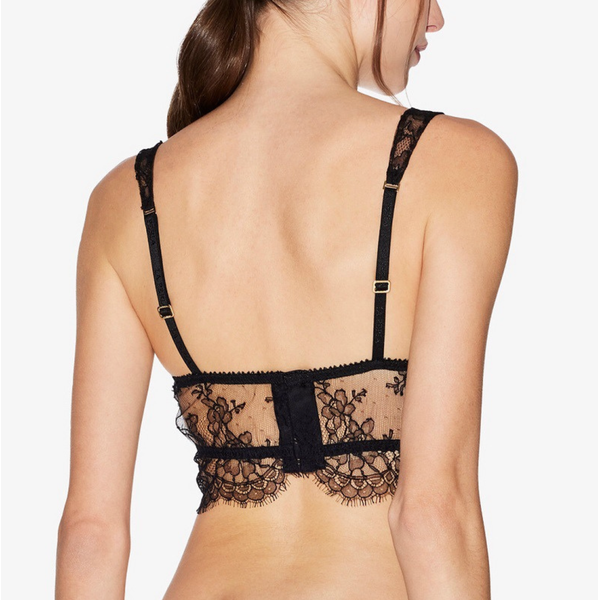 Stylish black lace bustier with delicate lace details, ideal for women's lingerie and fashion tops