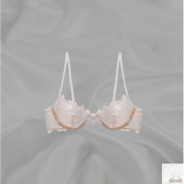 Non-padded nude white lace bra with underwire support and floral embroidery, paired with scalloped edges for a luxurious look.