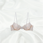 Non-padded nude white lace bra with underwire support and floral embroidery, paired with scalloped edges for a luxurious look.