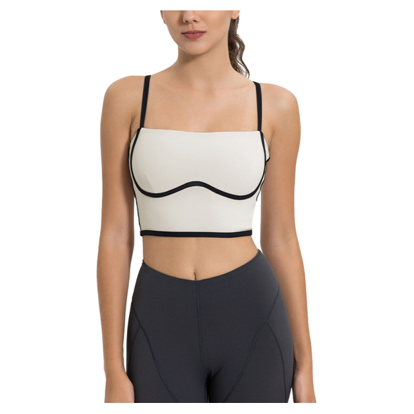 Ultra-soft padded white square-neck bra top with black contrast piping, non-wired design, full lining, and adjustable straps for a stylish and versatile fit.