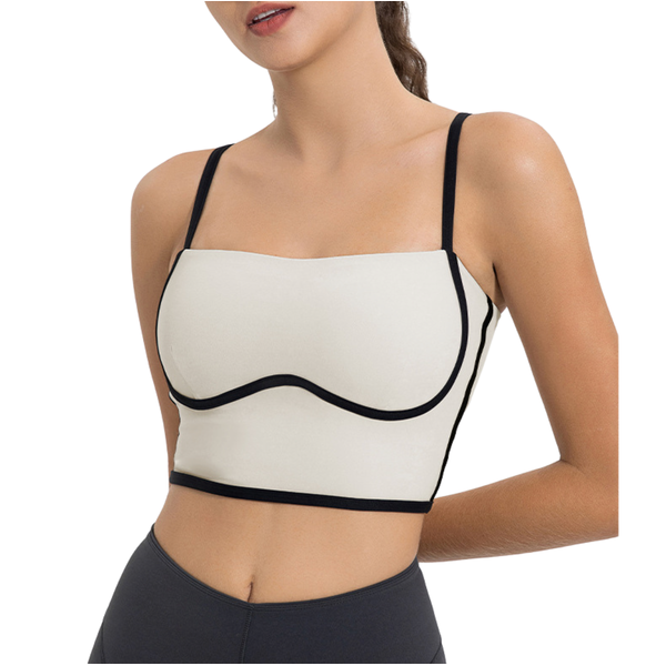 Ultra-soft padded white square-neck bra top with black contrast piping, non-wired design, full lining, and adjustable straps for a stylish and versatile fit.